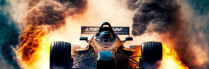 powerful racing car at drag racing start leaves behind smoke of burning tires