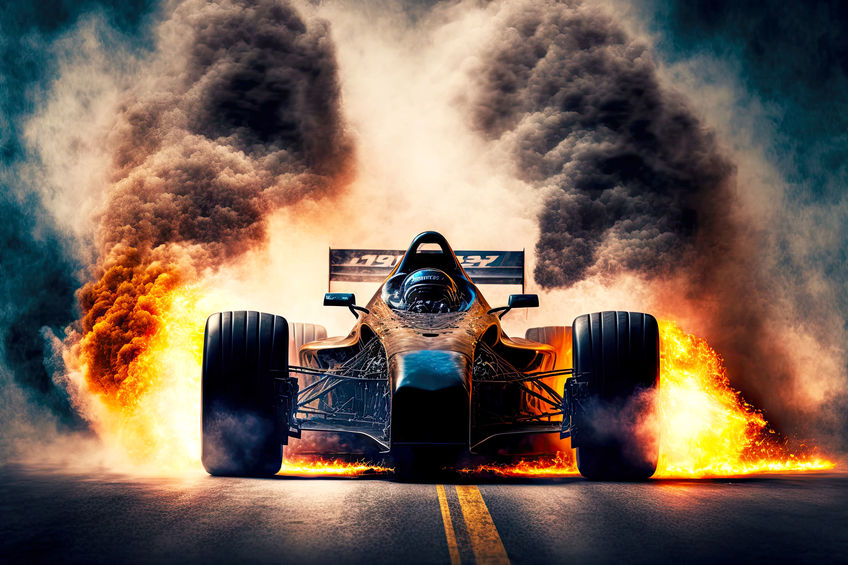 powerful racing car at drag racing start leaves behind smoke of burning tires